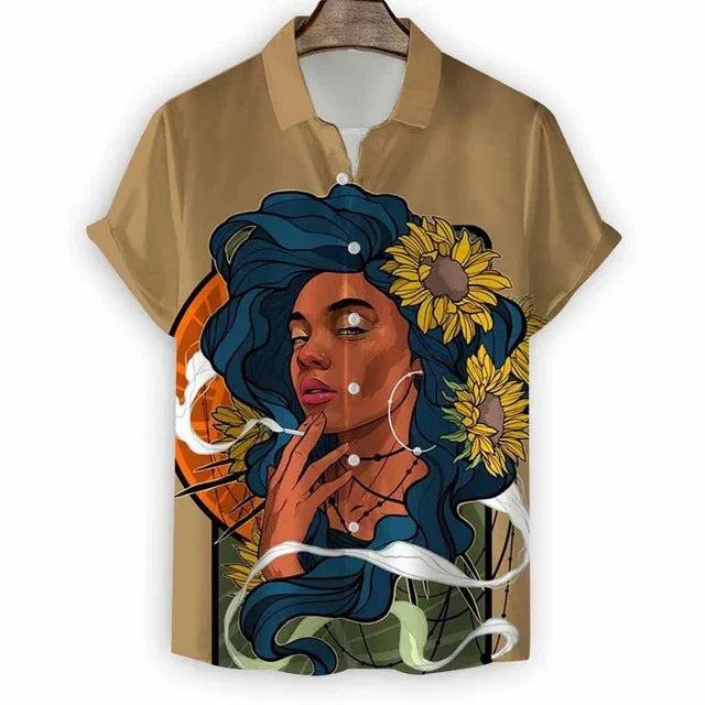2024 New Beach Modern Girls Print Men's Shirt Casual Fashion Shirt Button Lapel Streetwear Oversized Men's Short Sleeve Shirt