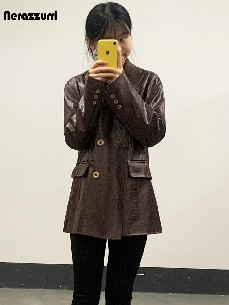 Mauroicardi Autumn Soft Luxury Matte Purple Crocodile Print Pu Leather Blazer Jacket Women Loose Casual Korean Fashion Clothes