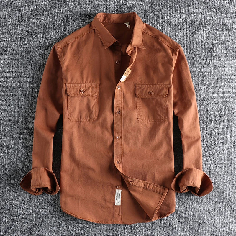 Autumn New American Retro Twill Woven Cargo Shirt Men's Fashion Pure Cotton Washed Old Long Sleeve Double Pocket Casual Blouses