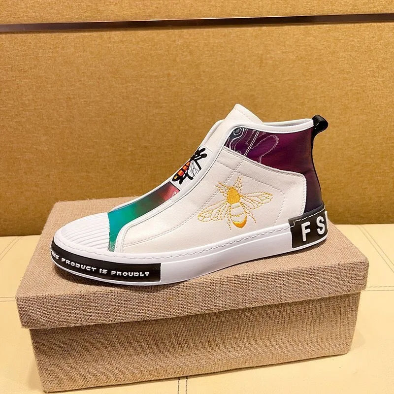 New High-top plush Men's Genuine leather embroidery Bees Sports shoes Luxury fashion Lace-up shoes sneaker Running shoes