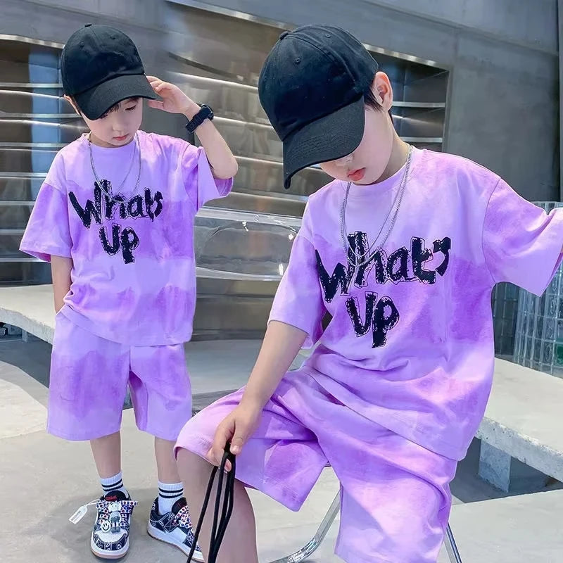 Children's street wear short sleeved T-shirt+shorts two-piece sports suit loose set 2025 new boys' summer quick drying set light