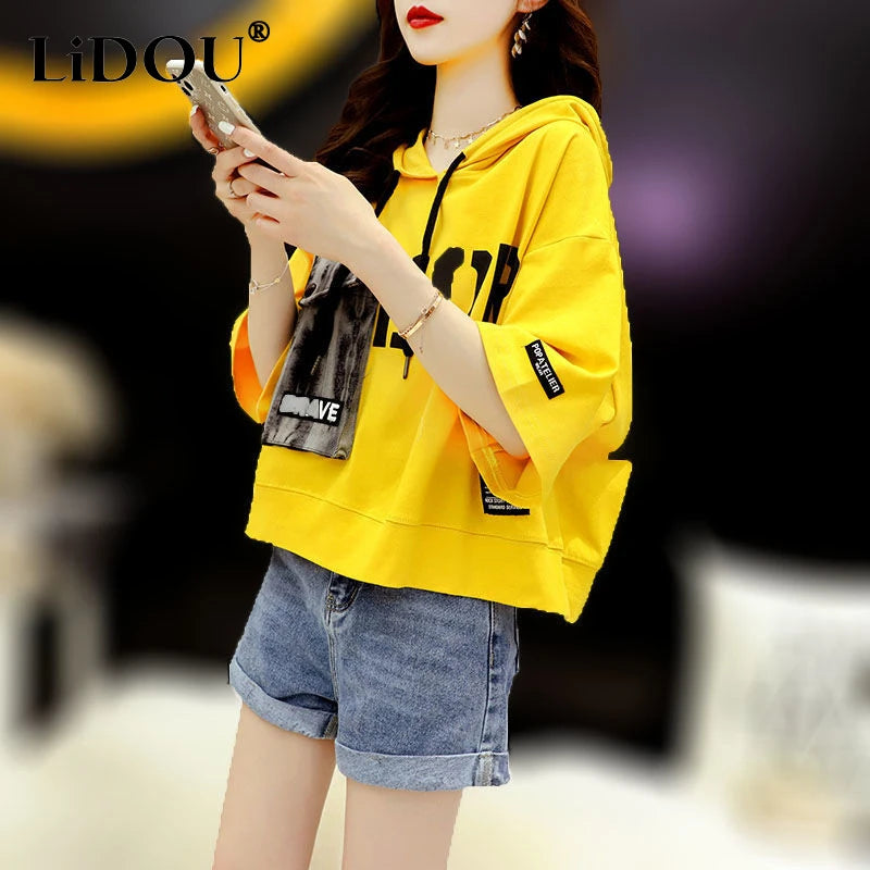2023 Summer New Letter Printing Hoodies Women Round Neck Short Sleeve Drawstring Short Pullovers Ladies Korean Style Casual Top