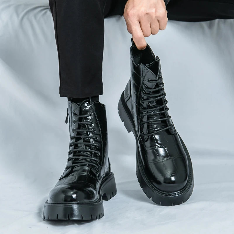 Luxury Brand Men's Autumn and Winter Crocodile Leather Side Zipper High Top Boots Fashionable New Men's Comfortable Short Boots