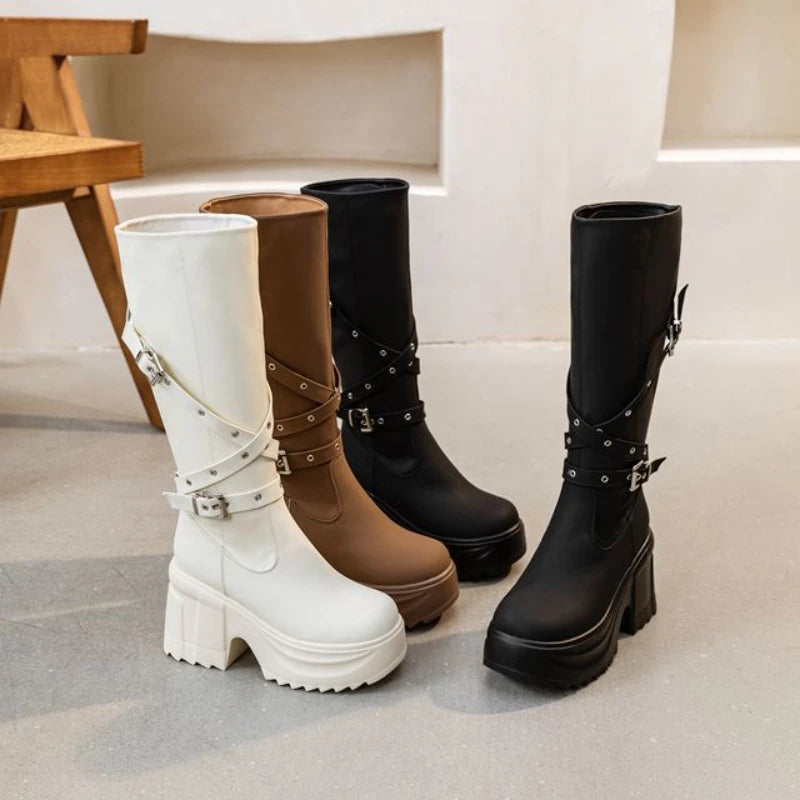 Fujin 10cm Microfiber Women Boots British Boots ZIP Synthetic Leather Ankle Spring Platform Wedge Knee High Fashion Autumn Shoes