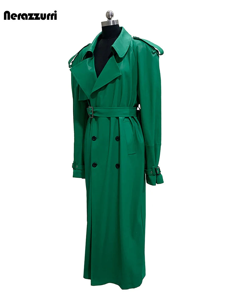 Nerazzurri Autumn Extra Long Soft Green Oversized Pu Leather Trench Coat for Women Shoulder Pads Belt Double Breasted Overcoat