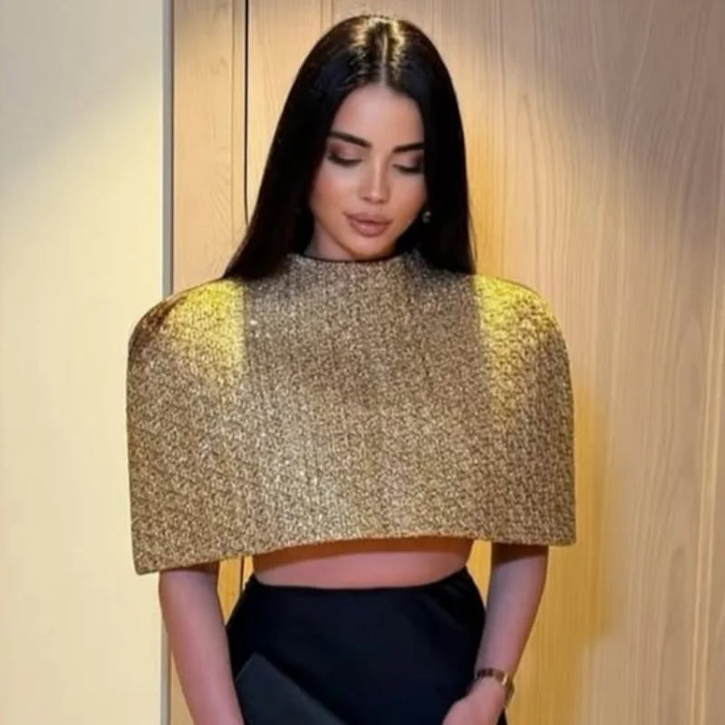 Elegant Chic Gold Sparkle Capelet Top Shiny Tweed Shoulder Wrap Turtleneck Short Cloak New Lady Evening Club Party Tops 2026