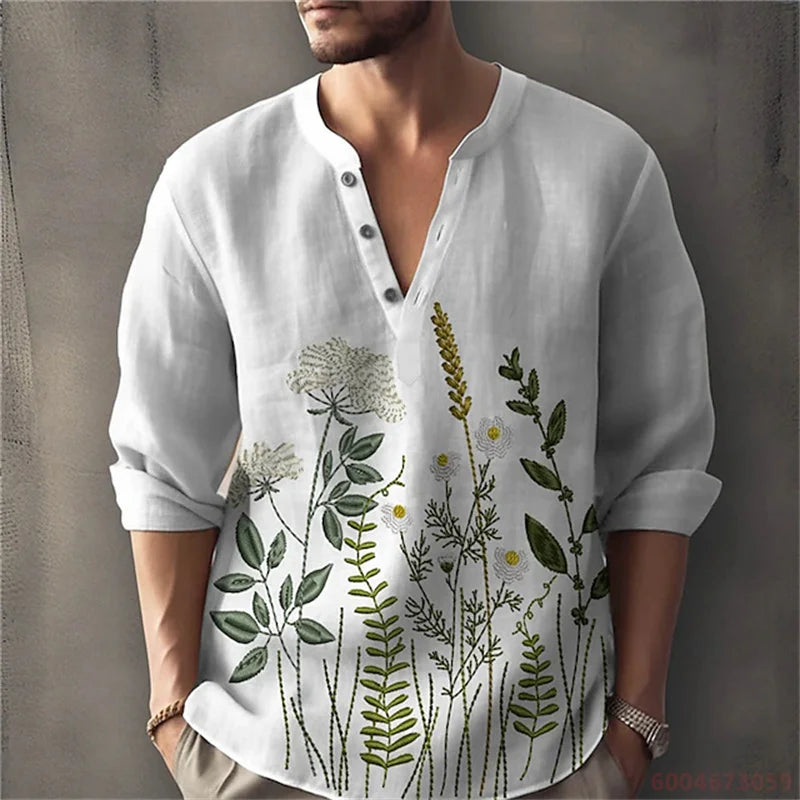 2026 Summer New Men's Fashion Printed Shirt, Henley Collar, Long Sleeve, Ethnic Style, Loose Fit, Breathable, Casual Men's Top