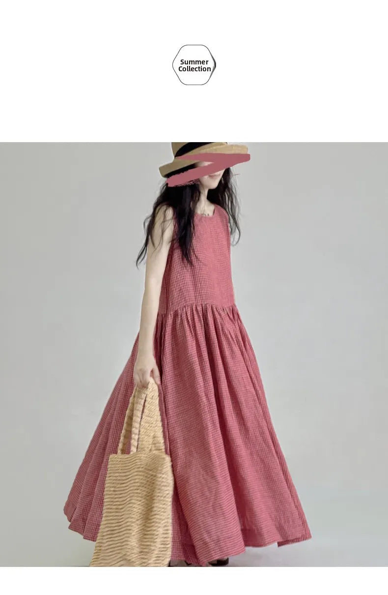 Summer New Women's Cotton Lin Loose Casual Dr High Waist A-Line Skirt Svel Vest Dr Cheered Pattern plus Size