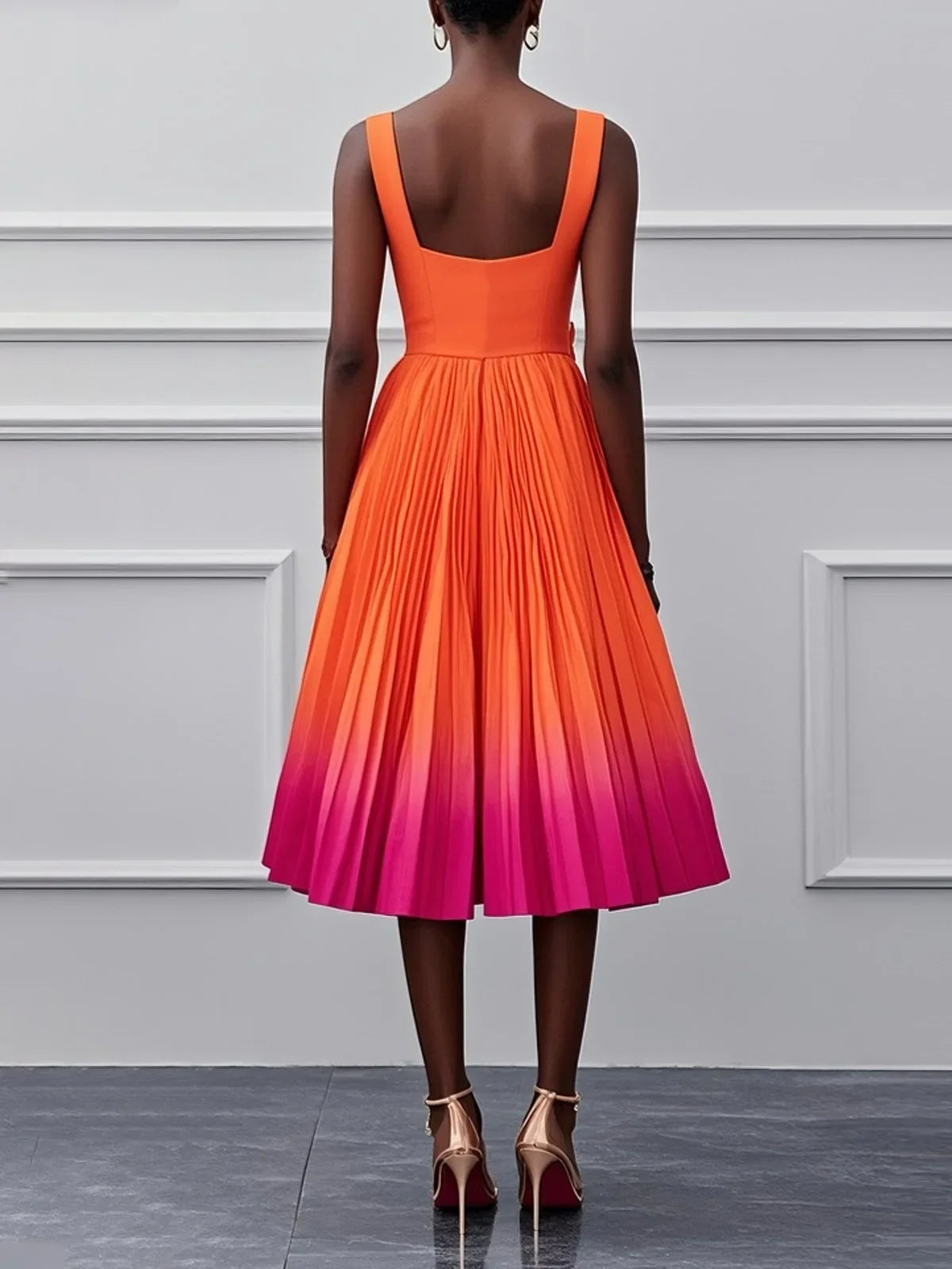Square Neck Wide Strap Fitted Bodice Gradient Pleated Flared Midi Dress  A Line Elegant Cocktail Party Knee Length Gown