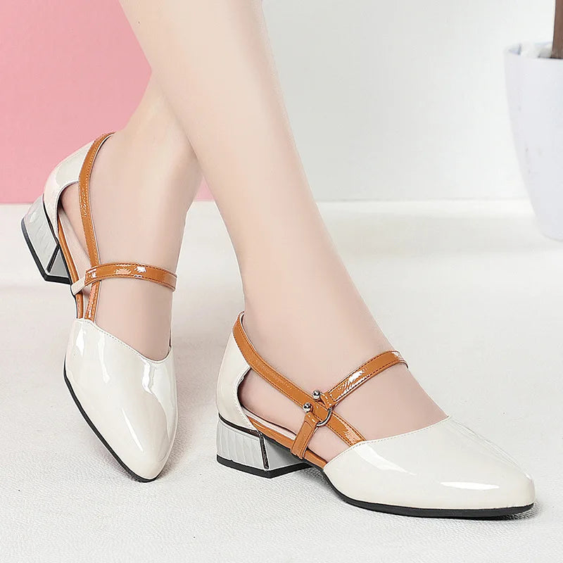 2024 Soft Leather Sandals Women Spring Summer Fashion Pointed Tip Single Shoes Low-Heel Hollow Buckle Ventilate Office Gentle