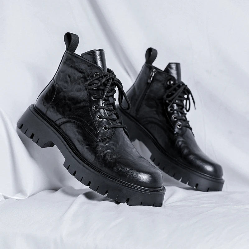 New Fashion Lace Up Casual Mens Boots Mens Thick Sole Ankle Boots Trendy Comfortable Mens Classic Black/Brown Motorcycle Boots