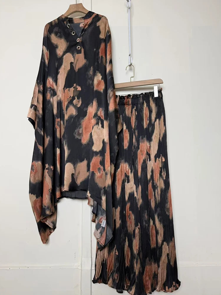 Retro geometric print V-neck pullover irregular dress 2026 autumn women's clothing+loose plus wide leg pants fashion set