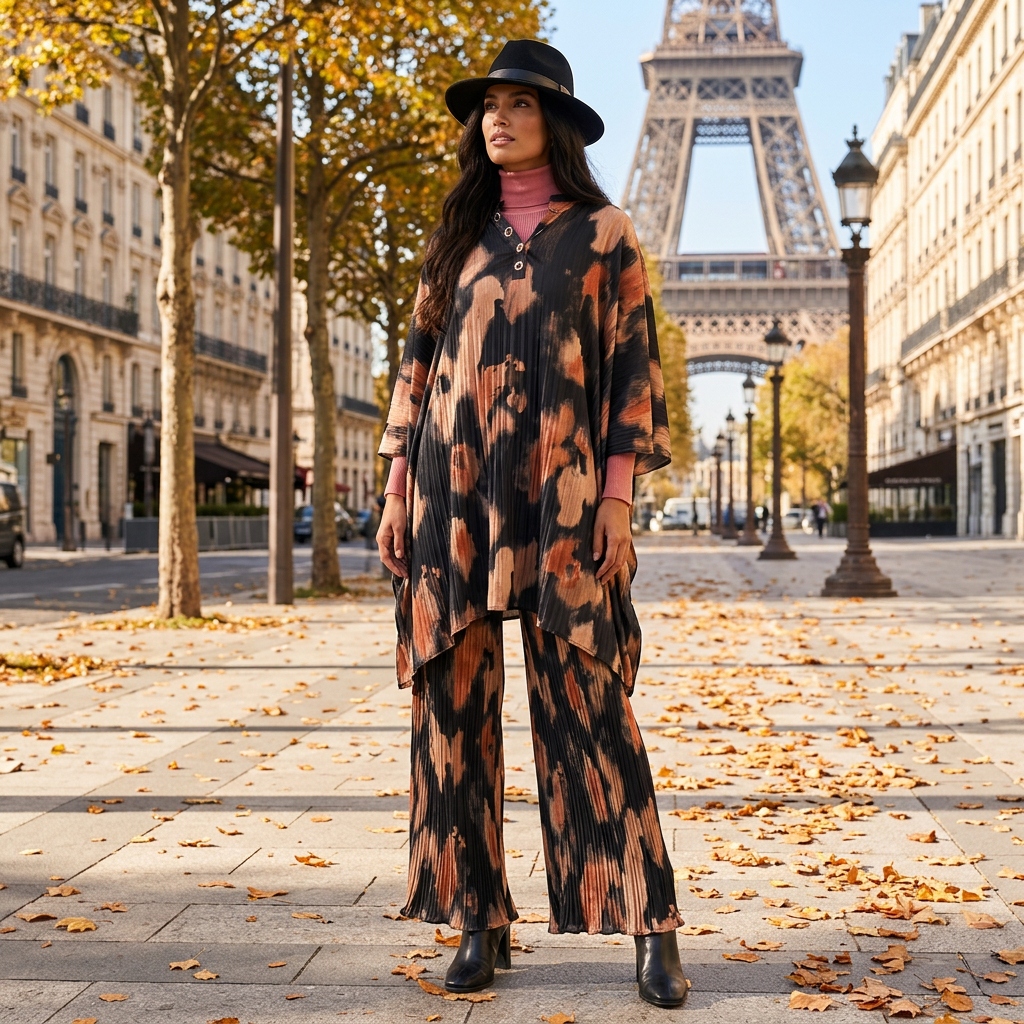 Retro geometric print V-neck pullover irregular dress 2026 autumn women's clothing+loose plus wide leg pants fashion set