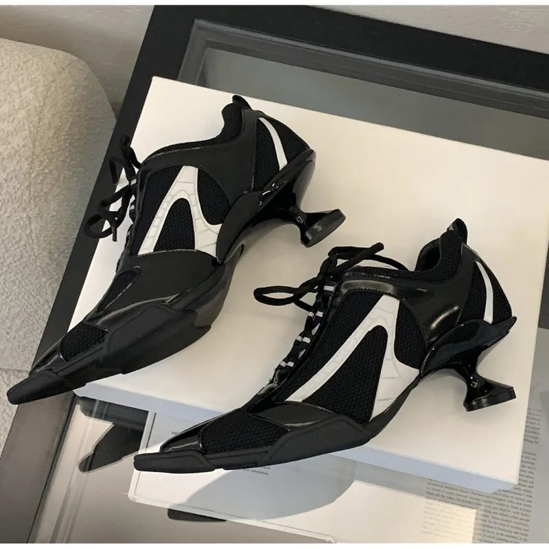 Sport Style Fashion Mixed-color Pointed toe Women Pumps Spring Autumn Breathable Mesh Strange High heels Casual Sneakers Shoes
