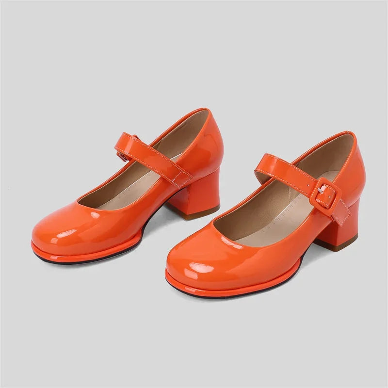 Spring Autumn Women Platform Mary Janes High Thick Heel Orange Red Patent Leather Dress Office Lady Round Toe Buckle Strap Pumps