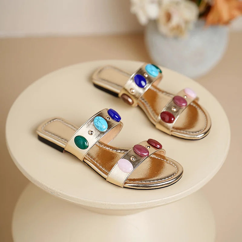 Dilalula Genuine Leather Bohemia Style Casual Slippers Women Peep Toe Low Heel Colorful Stone Decoration Slides Female Beach