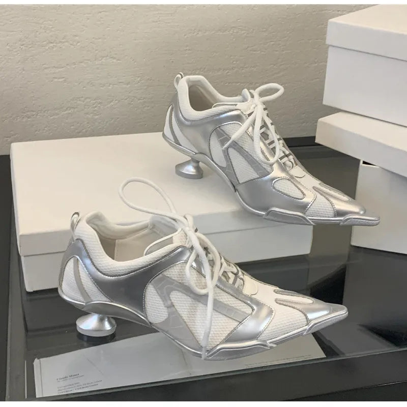 Sport Style Fashion Mixed-color Pointed toe Women Pumps Spring Autumn Breathable Mesh Strange High heels Casual Sneakers Shoes