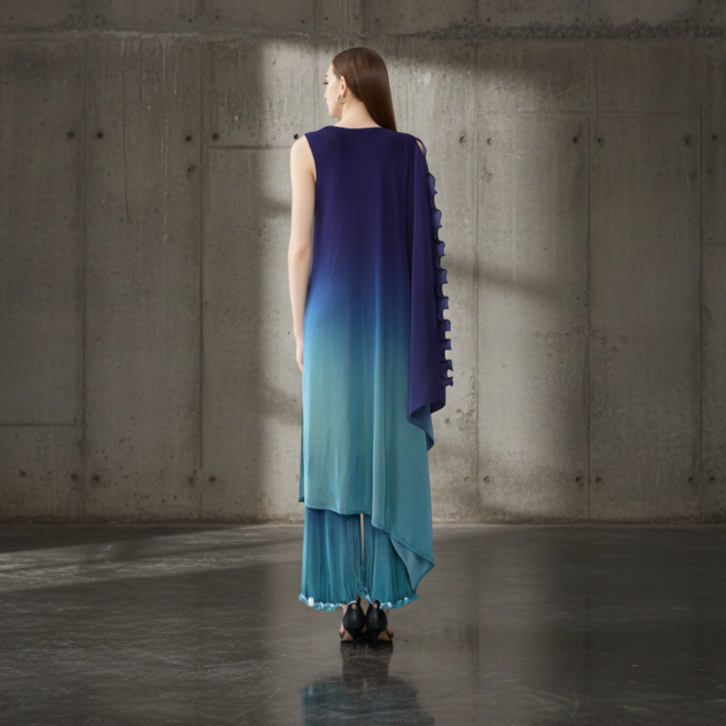 Miyake style  Pleated Bat Raglan Sleeve Irregular Dress Set Women 2025 New Fashion Original Designer Gradient Printing Two Piece Sets