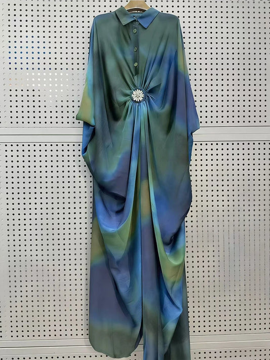 Retro tie dye printed diamond button pleated lapel pullover dress, fashionable loose plus size women's irregular shirt skirt