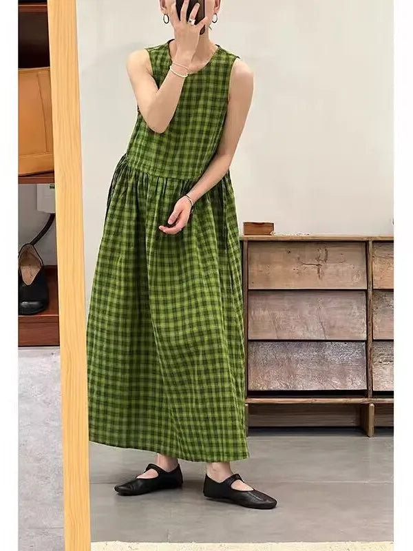 Slimming Plaid Cotton Lin Svel Long Dr Women's plus Size Dstring Waist round Ne Vest Skirt Commute Sle Summer...