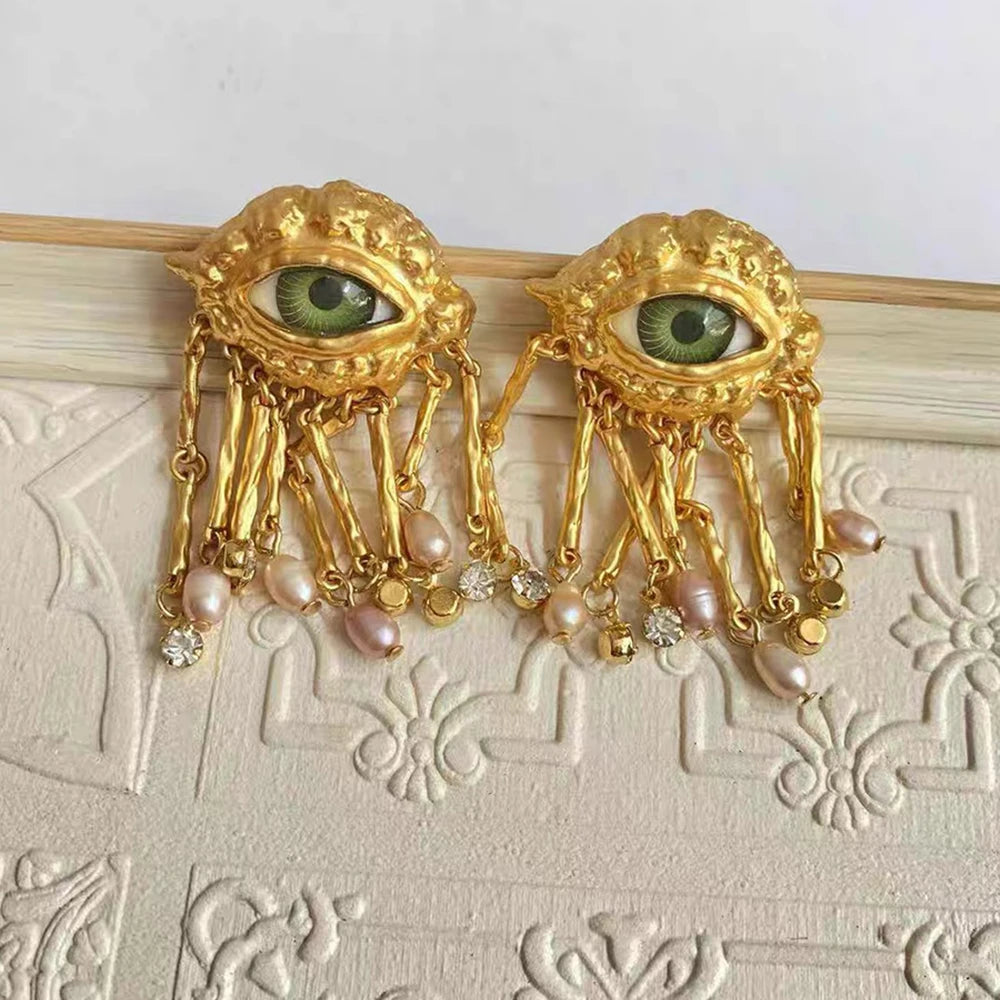 French Retro Unique Personality Exaggerated Eyes And Earrings Pearl Rhinestone Tassel Earrings Women's Jewelry Party Accessories