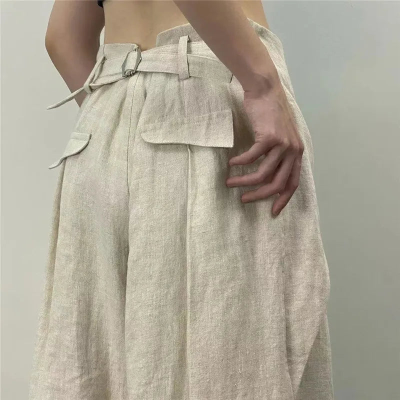 Limiguyue Japanese Cotton Linen Wide Leg Pants Women Irregular Waist Summer Pants One Button Loose Pleated Full Trousers F157