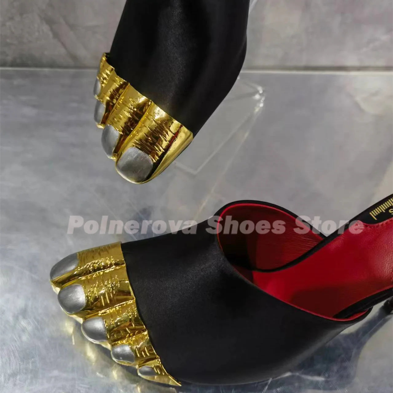 Gold Brass Toes Mules Women Slippers Stiletto Ankle Straps Summer Suede Ladies Summer Stiletto High Heels Luxury Brand Sandals