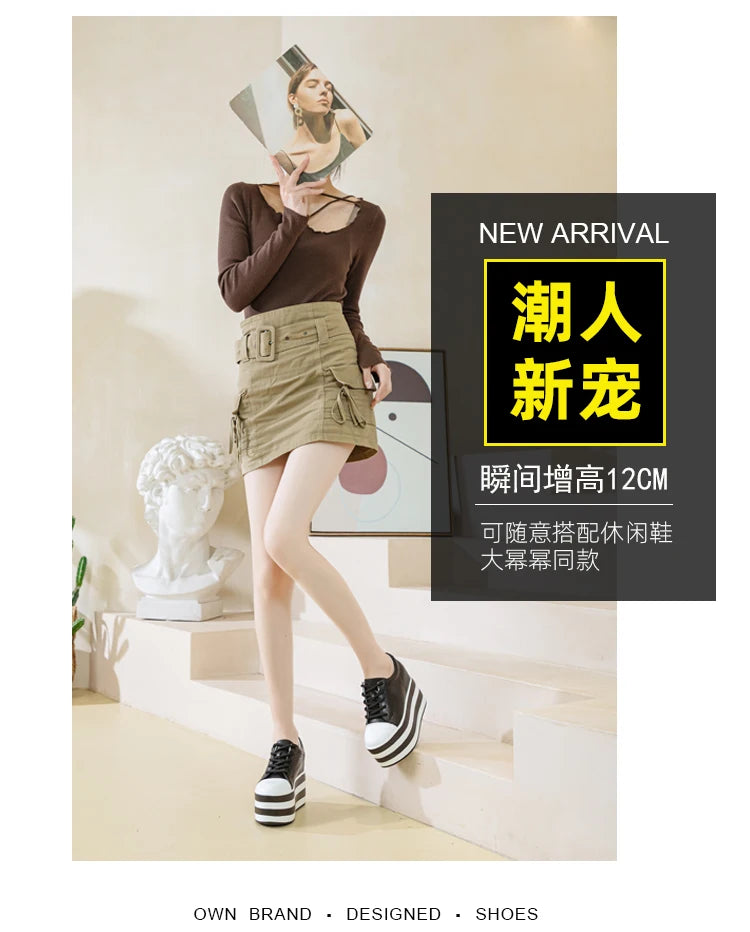 12cm Genuine Leather Platform Wedge Chunky Sneaker Hidden Heels Casual Breathable New Spring Autumn High Brand Vulcanize Shoes
