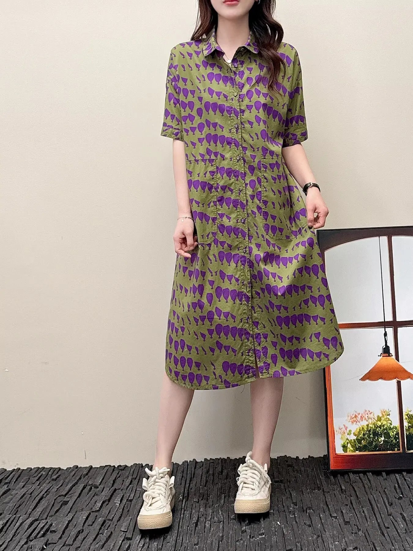 Summer dresses 2025 Japan harajuku fashion 100% cotton short sleeve green black white geometric pattern shirt dress