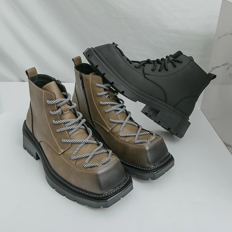 Autumn New Men Comfortable Lace Up Side Zipper High Top Leather Shoes Fashion Brand Round Toe Thick Soled Non Slip Outdoor Boots