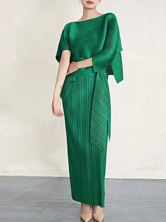 LANMREM 2025 Spring 2 Pieces Set O-neck Short Sleeves Tops High Waist Split Belt Dresses Solid Color Female Clothes 2YA891
