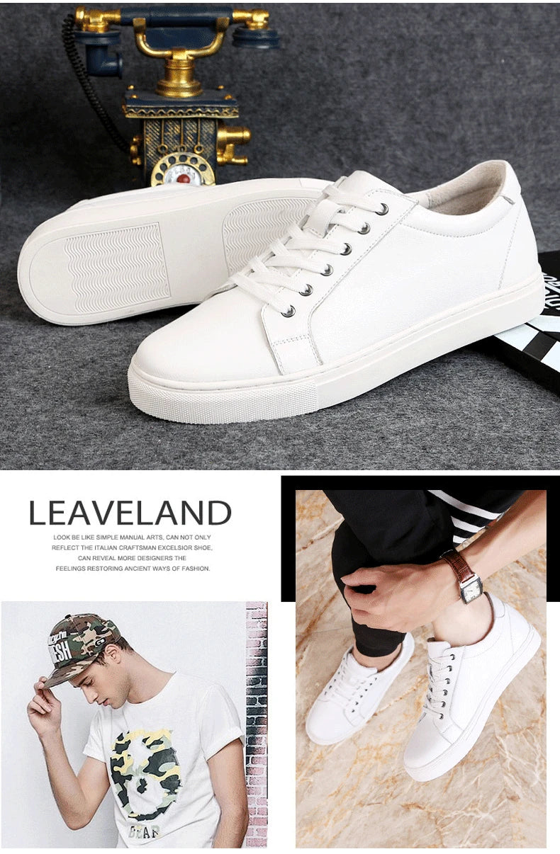 Man Elevator Shoes Height Increase Insoles High Heels Shoes 5-6CM Shoes Tall Shoes White Genuine Leather Shoes Men Sneakers