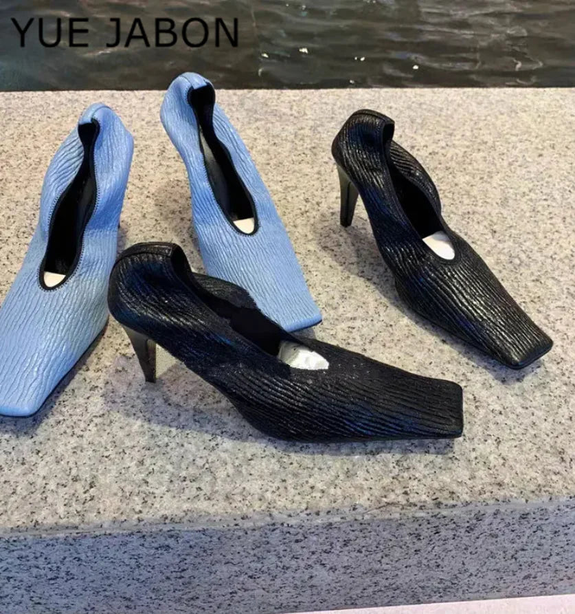 Black Square Head Early Spring New Lady Pumps Zebra-Print Soft Leather Pleated Elastic Witch High Heel Deep Mouth Granny Shoes