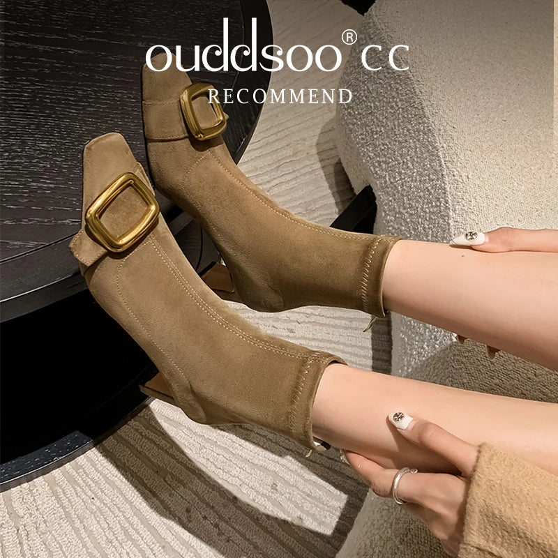 Ods Personalized Low-heeled Fashion Boots for Fall/winter New Pointed Metal Square Buckle Back Zipper Stretch Thin Ankle Boots42