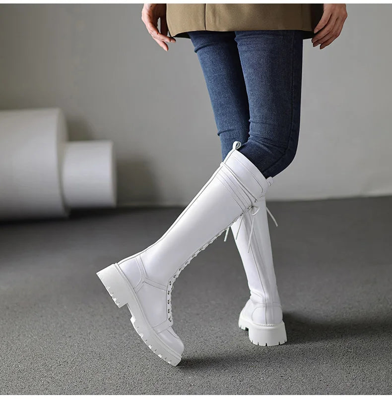 Ods Genuine Leather Women's High Knee Boots Winter Shoes Sexy Lace Up Black White Low Heels Party Shoes Girls Large Size 414243
