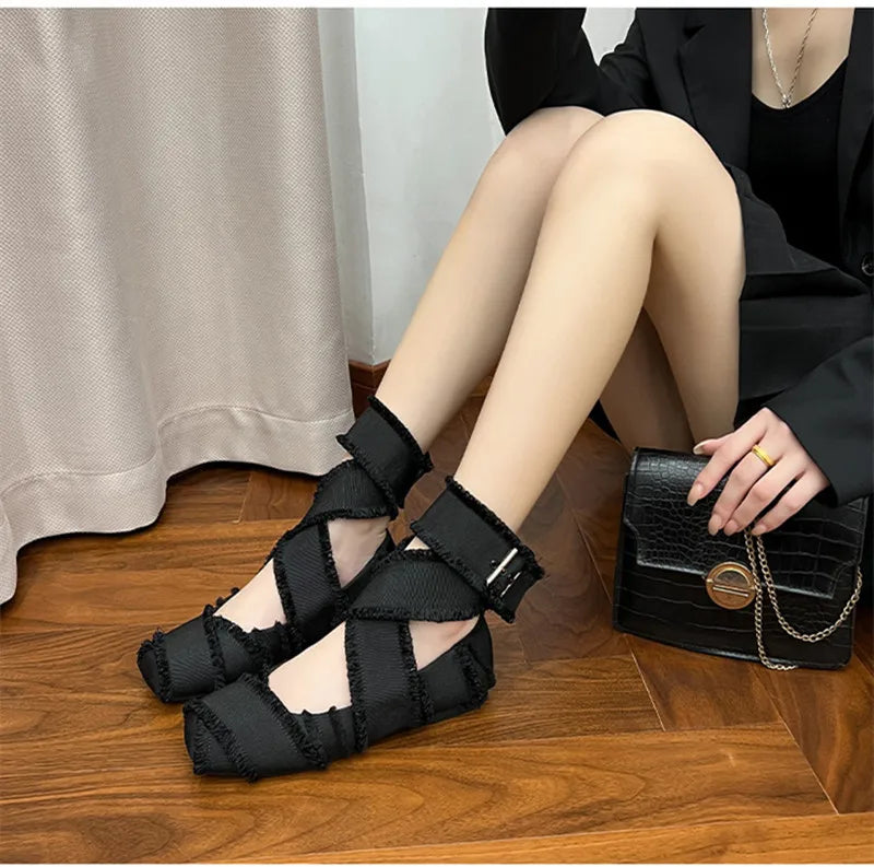 Vintage Tassel Canvas Women Ballet Flats Spring Autumn Soft Soles Dance Walking Shoes Fashion Ankle Strap Mary Janes Girls Shoes