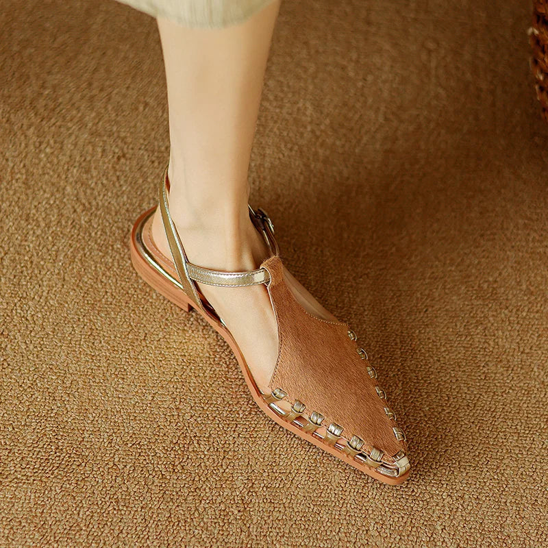 Fashion Horsehair t-strap women's Sandals Covered Toe Low Heels Female Summer Sandals Ladies Casual Sandals Walk