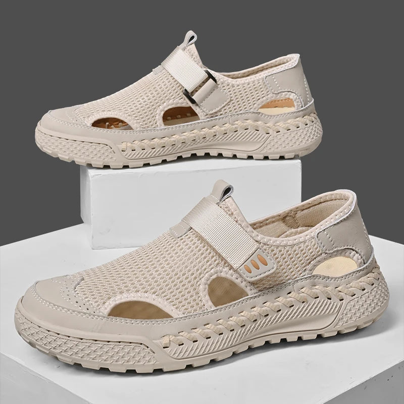 Brand Mesh Leather Men Summer Loafers Breathable Driving Shoes Moccasins Hollow Out Male Cool Lazy Shoe Leisure Walk Men Sandals