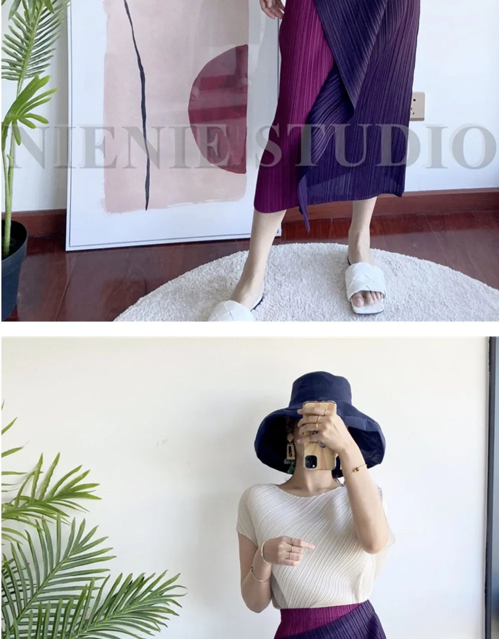 Miyake Pleated Skirt High Waist One Button Stitching Long Asymmetrical Skirt Two Piece Straight Korea Fashion Aesthetic Clothes