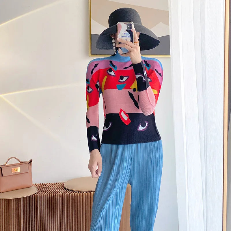 Miyake Pleated Contrasting Colors T-shirt Women Half Turtleneck Skinny Pullover 2025 Summer Fashion Female Clothing
