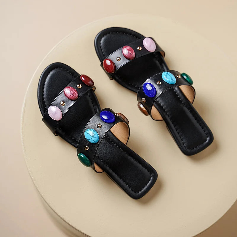 Dilalula Genuine Leather Bohemia Style Casual Slippers Women Peep Toe Low Heel Colorful Stone Decoration Slides Female Beach
