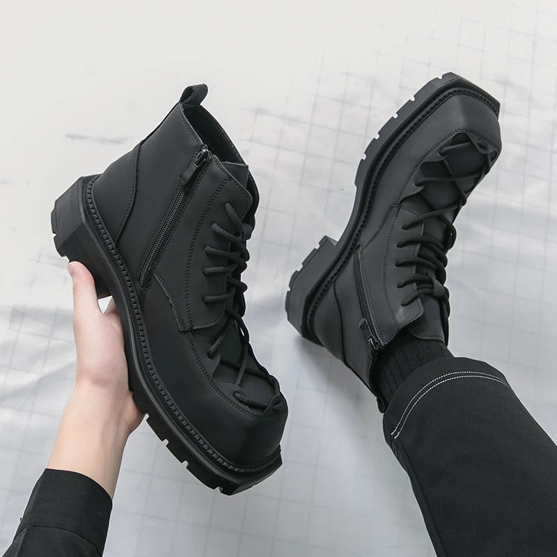 Autumn New Men Comfortable Lace Up Side Zipper High Top Leather Shoes Fashion Brand Round Toe Thick Soled Non Slip Outdoor Boots