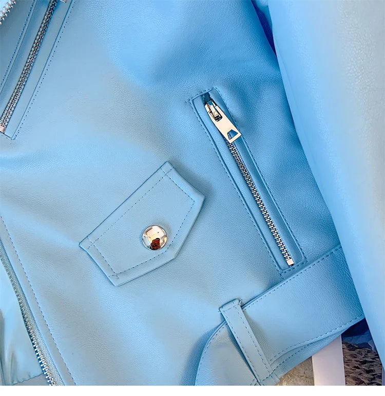 Blue PU leather jacket for women's spring autumn short Street style 2025 new retro motorcycle Leather Coat top