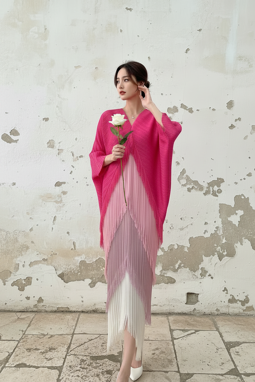 Fringe Pleated Dress Women's V-neck Bat Sleeve Splice Fashion Dress Women's 2026 Spring/Summer New