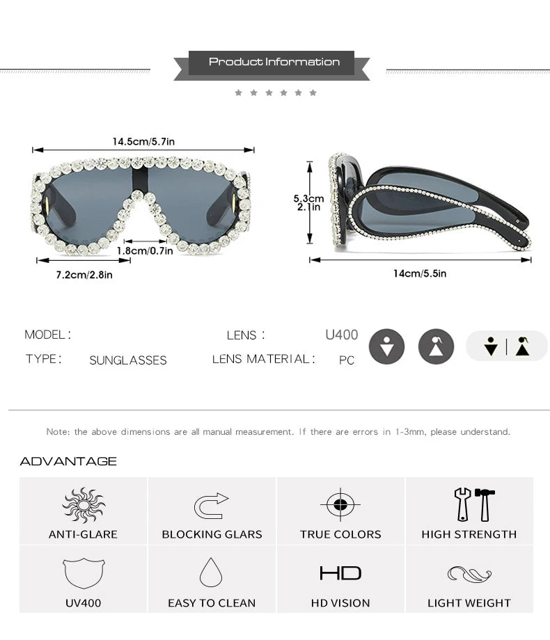 Shiny Diamonds Y2K Sunglasses Women Luxury Oversized One Piece Sun Glasses Goggle Female Trends Rhinestone Shades Eyewear UV400