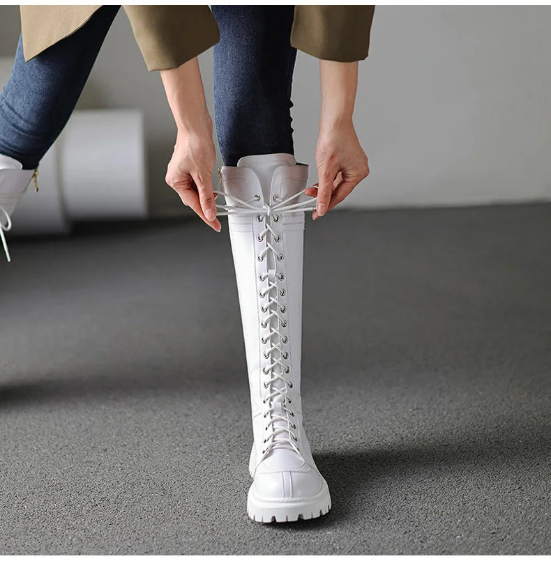 Ods Genuine Leather Women's High Knee Boots Winter Shoes Sexy Lace Up Black White Low Heels Party Shoes Girls Large Size 414243