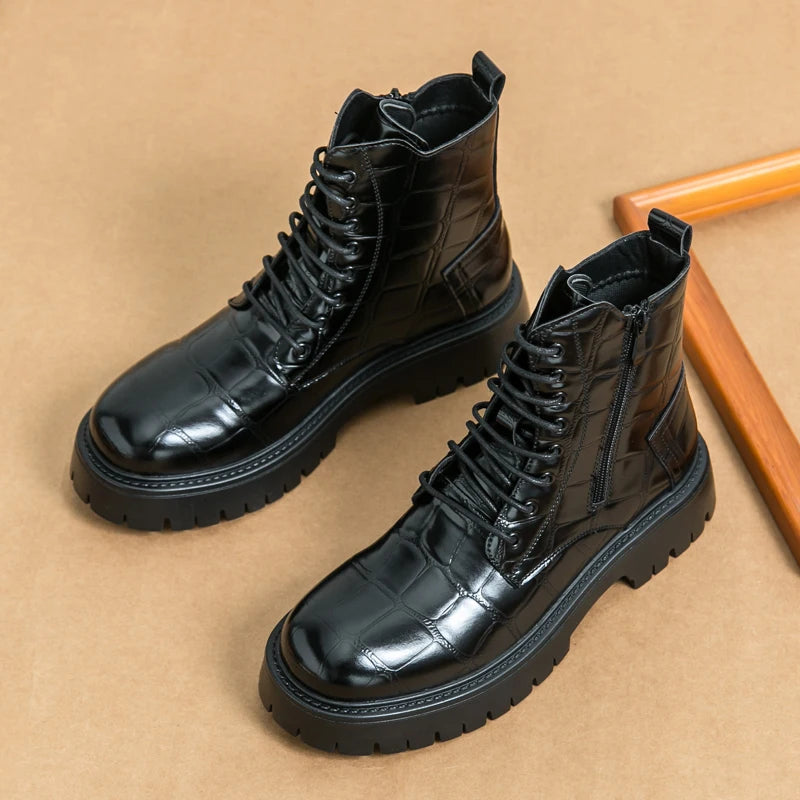 Luxury Brand Men's Autumn and Winter Crocodile Leather Side Zipper High Top Boots Fashionable New Men's Comfortable Short Boots