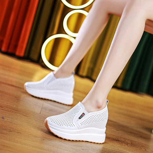 10cm Microfiber Platform Heel Wedge Shoe Sneakers Pumps White Platform Air Mesh Hollow Pumps Shoes Summer Women Zapatos de Mujer