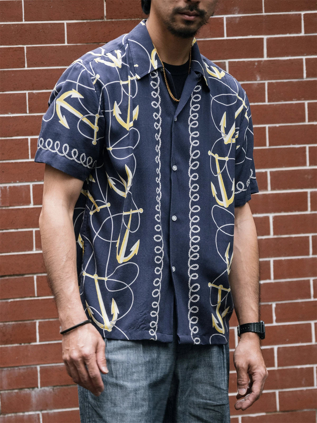 Rugged Bronson Anchor Border Rayon Camp Shirt Old-Fashion Men's Hawaiian Shirt For Beach Vacation