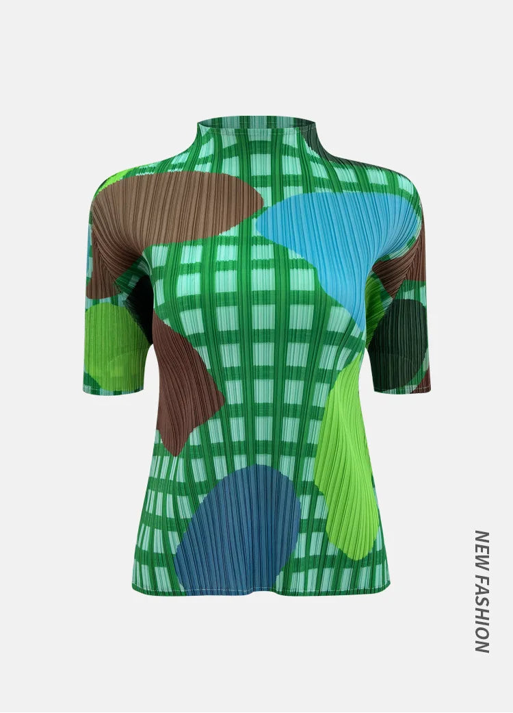 Miyake Elegant Green Plaid Color Block Print Pleated Top Mock Neck Half Sleeve Elastic Tee Daily Commute Office